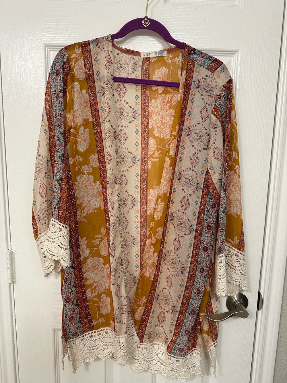 Jolt Mustard Multi-Color Boho Kimono with Lace Trim